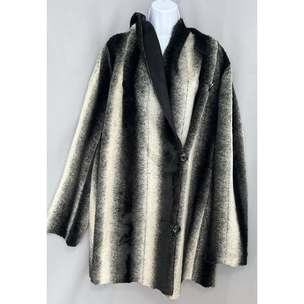 Women's Adrienne Landau Reversible Faux Fur Jacket/Coat Gray/White Striped Sz XL